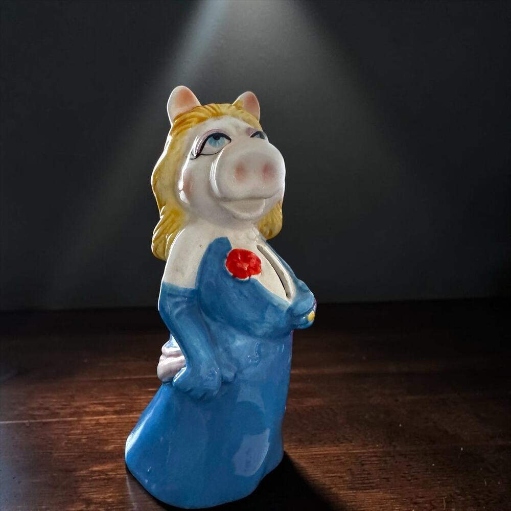 Vintage 1978 Sigma Miss Piggy Ceramic Coin Bank Muppets Jim Henson Blue Dress